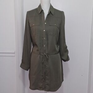 Chicos Dress Shirt Womens Sz O Us 4 Button Up Olive Green Long Sleeves  Pockets